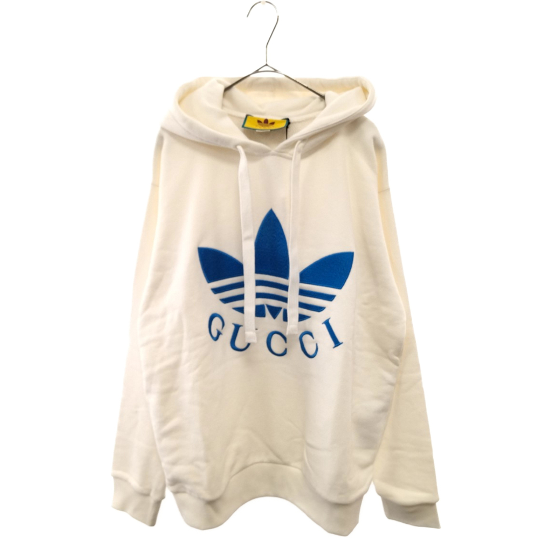 Gucci GUCCI グッチ 22SS×adidas トレフォイルロゴエンブロイダリープルオーバーパーカー 702607 XJEDA  アディダスコラボ フーディ ホワイト ブルーの通販 by BRINGラクマ店｜グッチならラクマ