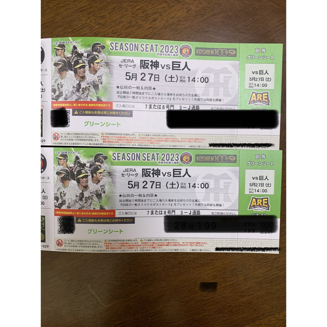 5月27日 甲子園 阪神vs巨人 グリーンシート通路側2席 - 野球
