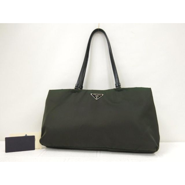 美品】PRADAプラダナイロン レザー 本革 トートバッグカーキ ブラック-