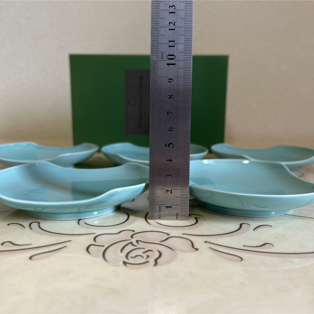 有田焼　深川製磁　青磁　渕切　銘々皿揃　5枚セット　小皿　長皿　和食器　豆皿