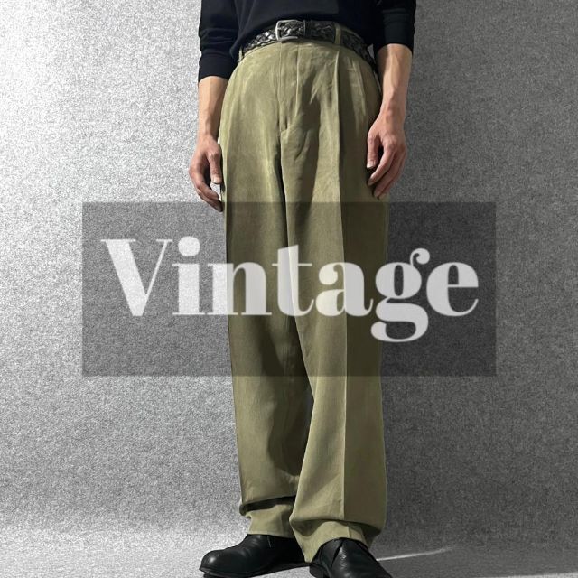 【vintage】ワイド 2タック コーデュロイパンツ スラックス ピスタチオ色