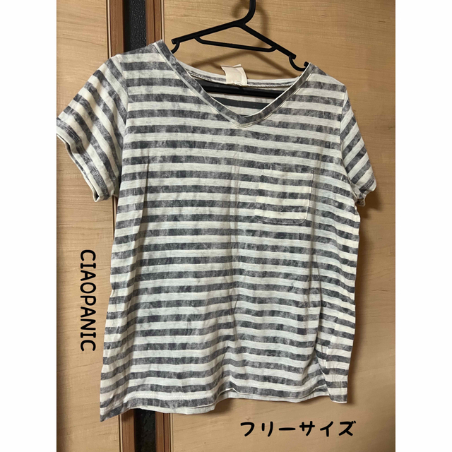 Ciaopanic(チャオパニック)のCIAOPANIC トップス　カットソー　Tシャツ　半袖　Ｖネック　ボーダー レディースのトップス(Tシャツ(半袖/袖なし))の商品写真