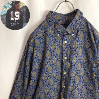 レトロ古着 総柄シャツ 長袖 ペイズリー柄バティック柄 ビッグサイズ 青色XXL(シャツ)