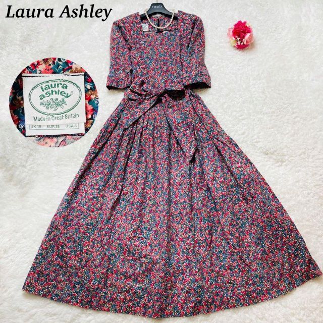 ロングワンピース/マキシワンピース【希少】Laura Ashley  英国製　80s ワンピース　　花柄　リボン