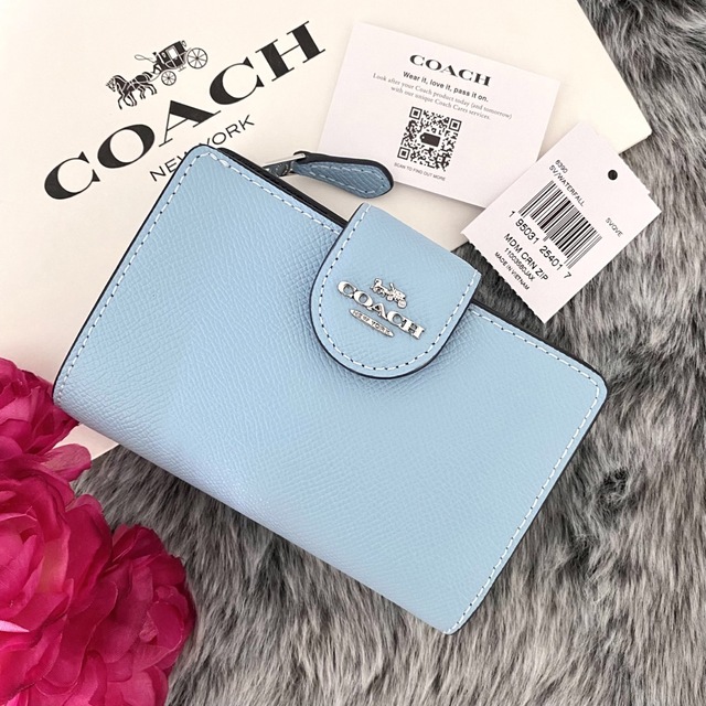 新品☆COACH(コーチ)ライトブルー  レザー 折り財布レザーxPVCカラー