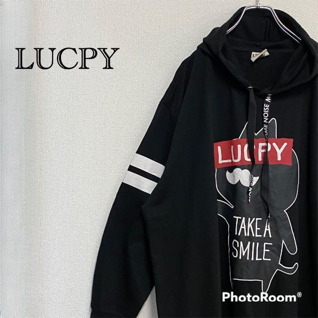 LUCPY  ラクピー　ヒゲ猫　スウェットパーカー　黒　ゆるだぼ　4L