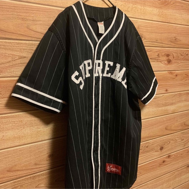 supreme ベースボールシャツ ストライプ 黒 L-