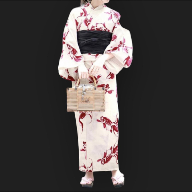 新品 日本製ブランド浴衣【そしてゆめ】金魚 赤 舟底袖 注染★大人気の大柄金魚♪