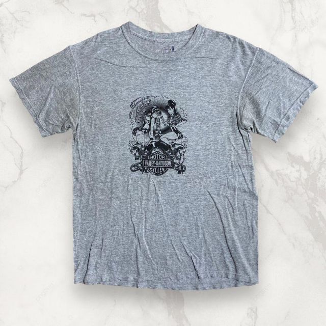 HJI FRUIT 古着  グレー ハーレー　バイク　ピンナップガール Tシャツ メンズのトップス(Tシャツ/カットソー(半袖/袖なし))の商品写真