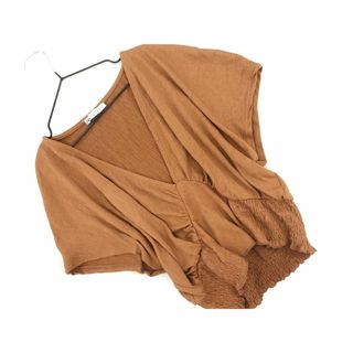 ザラ(ZARA)のZARA ザラ Vネック シャーリング加工 カットソー sizeL/茶 ■◆ レディース(カットソー(半袖/袖なし))