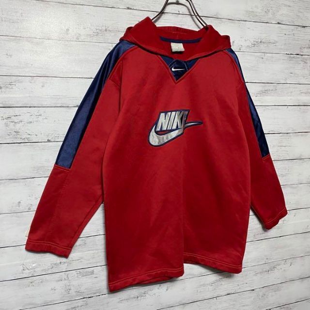 NIKE(ナイキ)の90s ナイキ　スウォッシュ　刺繍ロゴ　レッド　パーカー メンズのトップス(ジャージ)の商品写真