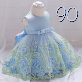 90 青　ベビードレス　キッズドレス　花　刺繍 cg004b90(ドレス/フォーマル)