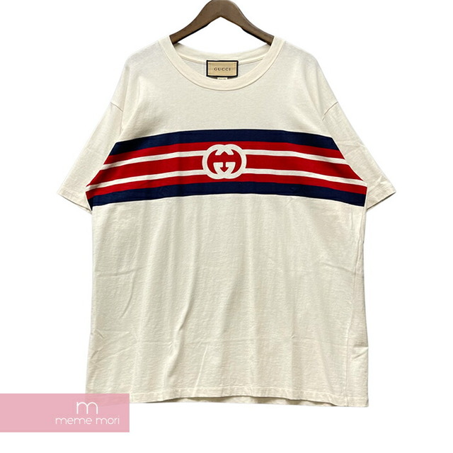 Gucci(グッチ)のGUCCI Interlocking G Stripe Print Tee 616036 XJDAG グッチ インターロッキングGストライププリントTシャツ 半袖カットソー ロゴ ホワイト アイボリー サイズL【230507】【中古-B】【me04】 メンズのトップス(Tシャツ/カットソー(半袖/袖なし))の商品写真