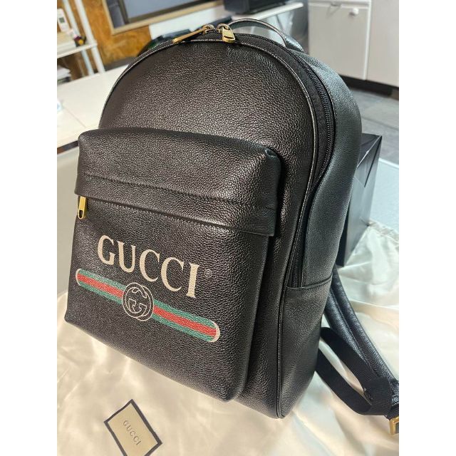 GUCCI 黒レザー プリント バックリュック デイパック ブラック 黒