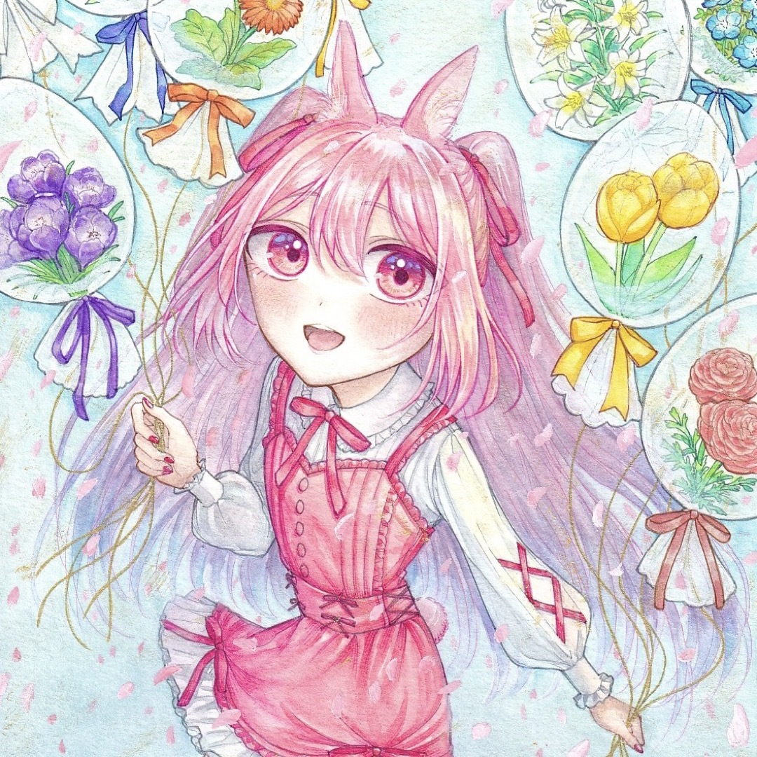 手描きイラスト オリジナル B5サイズ 創作 原画 春 桜 ピンク 花 女の子