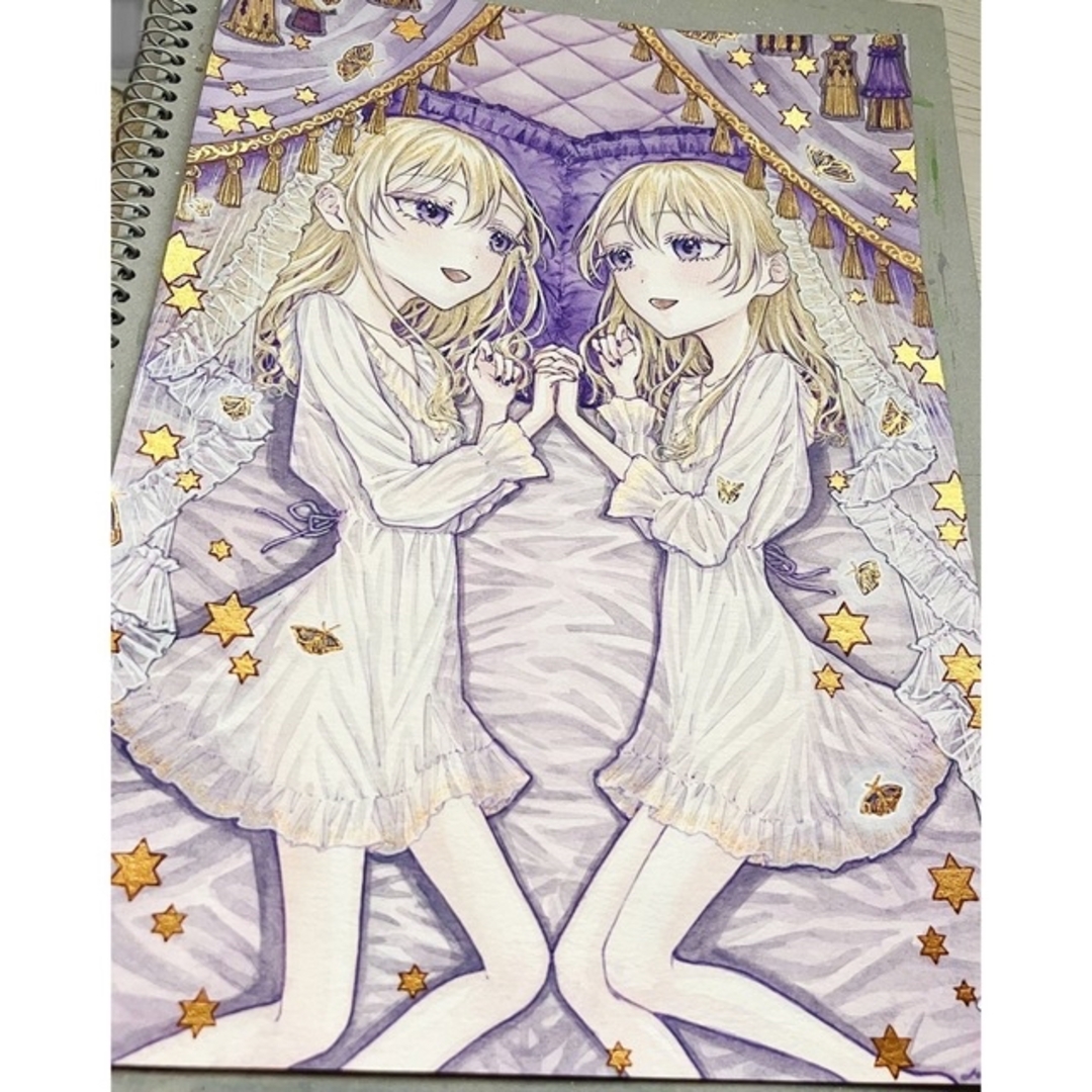 手描きイラスト オリジナル B5サイズ 創作 原画 紫 蝶 星 双子 女の子