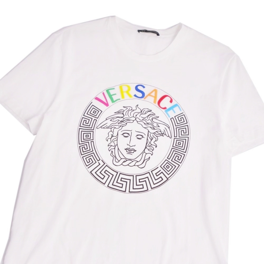 美品 ヴェルサーチ VERSACE Tシャツ カットソー メデューサ レインボー 2019 刺繍 半袖 ロゴ コットン M ホワイト