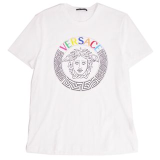 ヴェルサーチ(VERSACE)の美品 ヴェルサーチ VERSACE Tシャツ カットソー メデューサ レインボー 2019 刺繍 半袖 ロゴ コットン M ホワイト(Tシャツ/カットソー(半袖/袖なし))