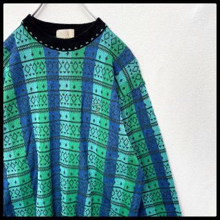 トラサルディ(Trussardi)の【高配色】トラサルディ　ストライプ　総柄　刺繍ロゴ　コットンニットセーター(ニット/セーター)