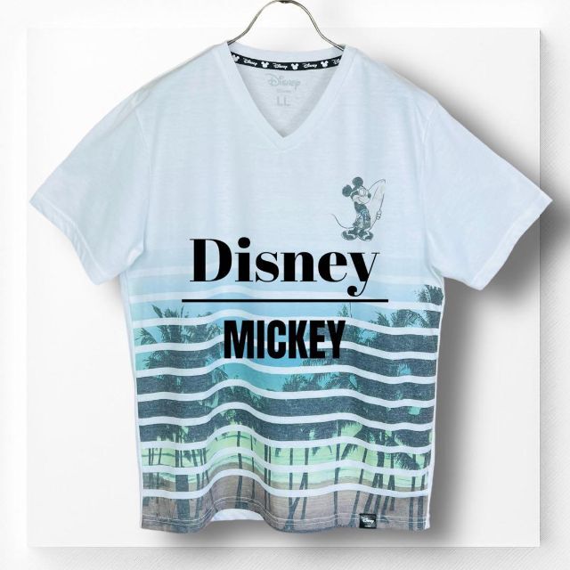 Disney(ディズニー)の【ディズニー】 Tシャツ カットソー プリント サーフィン L ボーダー 白 メンズのトップス(Tシャツ/カットソー(半袖/袖なし))の商品写真