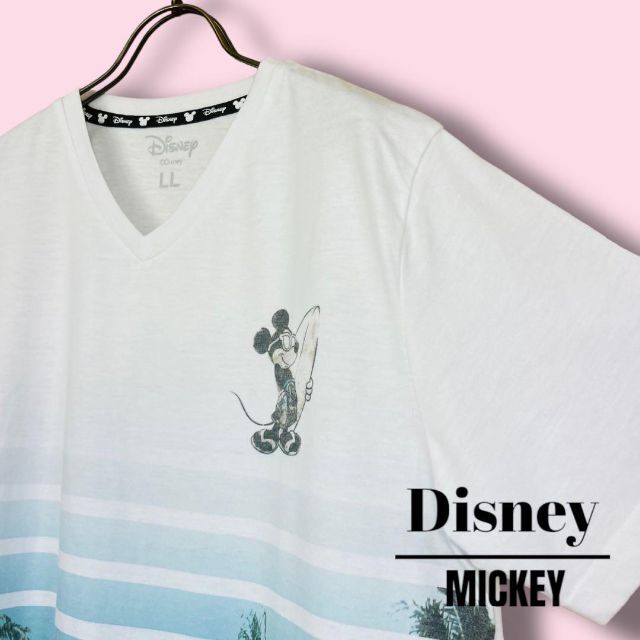 Disney(ディズニー)の【ディズニー】 Tシャツ カットソー プリント サーフィン L ボーダー 白 メンズのトップス(Tシャツ/カットソー(半袖/袖なし))の商品写真