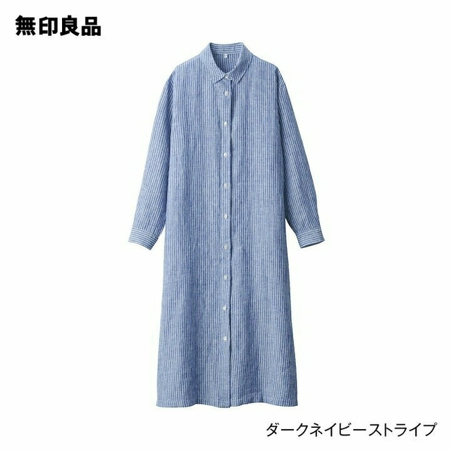 MUJI (無印良品)(ムジルシリョウヒン)の無印良品リネン洗いざらし長袖シャツワンピース／ダークネイビーストライプ／XL レディースのワンピース(ひざ丈ワンピース)の商品写真