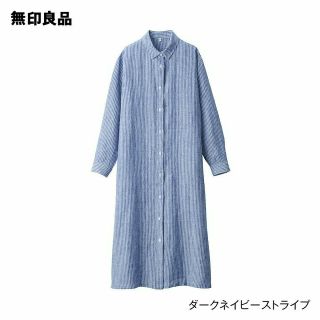 ムジルシリョウヒン(MUJI (無印良品))の無印良品リネン洗いざらし長袖シャツワンピース／ダークネイビーストライプ／XL(ひざ丈ワンピース)