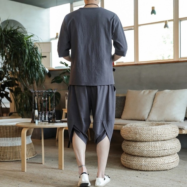 上下セット　ルームウェア　部屋着　綿麻　メンズ　グレー　3XL メンズのパンツ(ショートパンツ)の商品写真