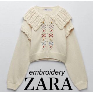 ザラ(ZARA)の匿名配送　新品　ZARA  エンブロイダリー　刺繍　ビックカラー　カーデ　綿(カーディガン)