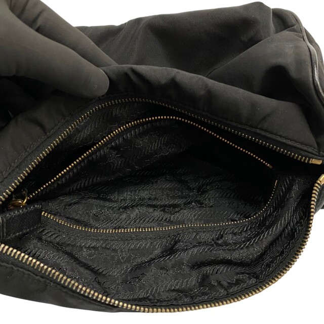 極 美品 PRADA 希少品 プラダ 三角 ロゴ ゴールド 金具 ナイロン サフィアーノ レザー ミニ ショルダーバッグ ボディバッグ ブラック 70187