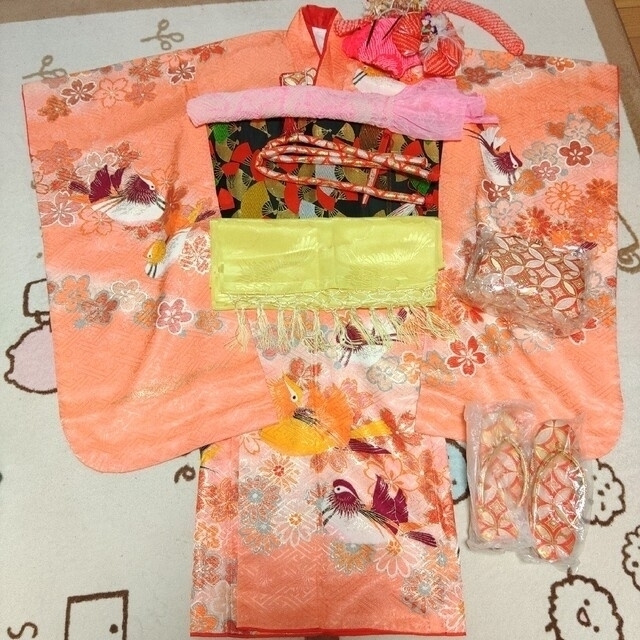 メーカー 7歳七五三祝着物ジュニアフルセットオレンジピンク鴛鴦黒袋帯