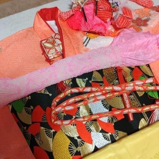 メーカー 7歳七五三祝着物ジュニアフルセットオレンジピンク鴛鴦黒袋帯