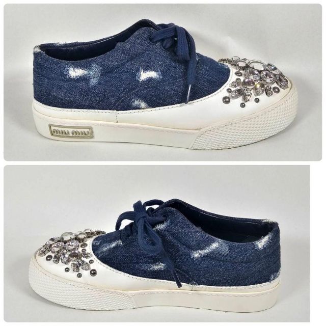 人気の新作 miumiu miu)|スニーカー|デニム|レザー|ネイビー|白