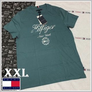 トミーヒルフィガー(TOMMY HILFIGER)のビンテージ仕上げのグランジプリントTシャツ ブルー　XXLサイズ(Tシャツ/カットソー(半袖/袖なし))