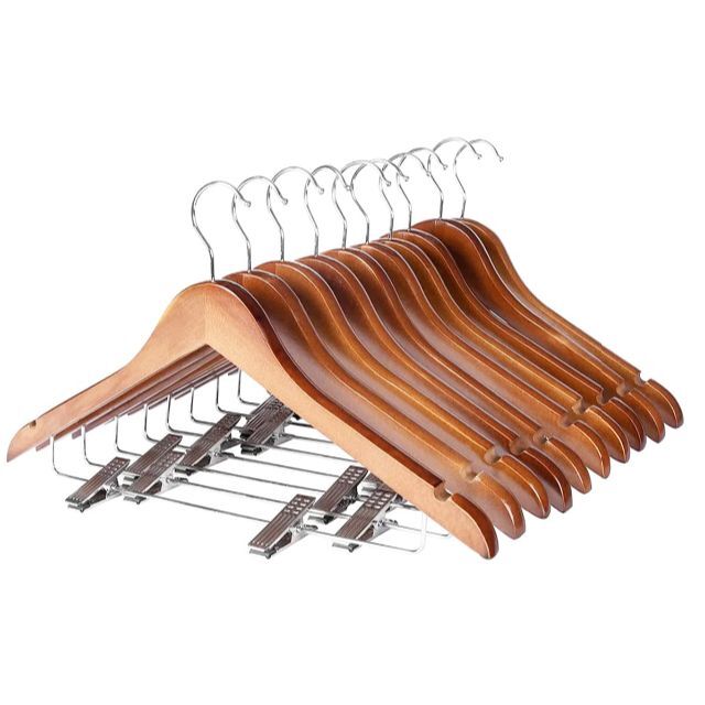 【色: 茶色 10】木製スーツハンガー クリップ付きハンガー 10本セット スー