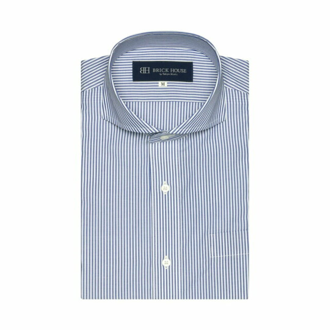【ブルー】(M)ホリゾンタルワイドカラー 半袖 形態安定 ワイシャツ