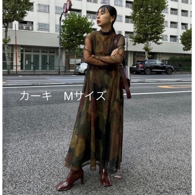 Ameri UND GYPSUM ART DRESS カーキ　Mアパルトモン