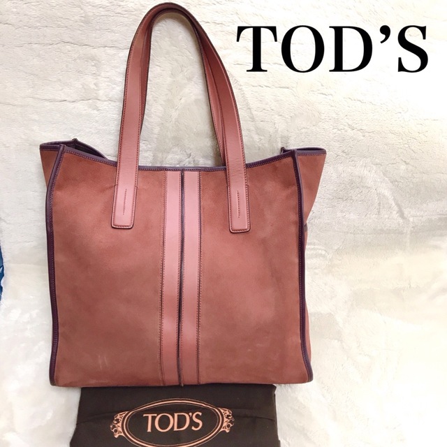 TOD’S トートバッグ オレンジ ダブルストライプ スウェード レザー