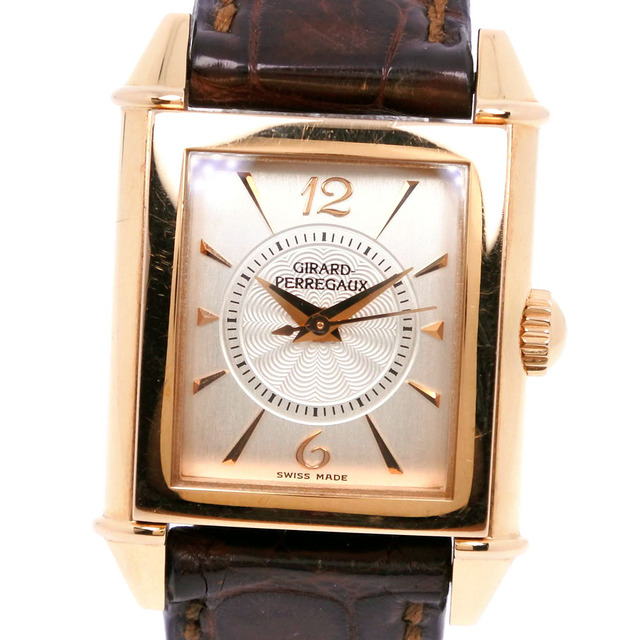 【GIRARD-PERREGAUX】ジラール・ペルゴ ヴィンテージ 2590 K18ピンクゴールド×レザー 茶 手巻き レディース シルバー文字盤 腕時計