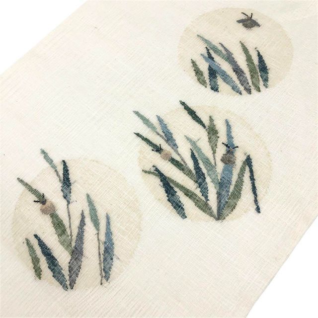 O-2731 夏帯 袋帯 紗紬 丸の中に蛍と草模様 薄生成色-