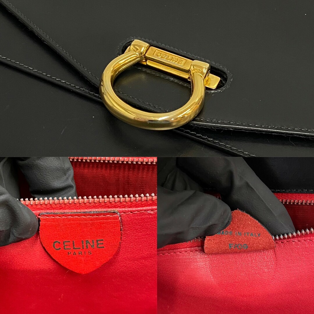 極 美品 希少品 CELINE セリーヌ ヴィンテージ ロゴ 金具 レザー 本革 ハンドバッグ ミニ トートバッグ ブラック 赤張り 34502