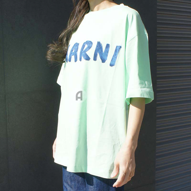 MARNI マルニ コットン ロゴ  プリント 半袖Tシャツ　グリーン×ブルー