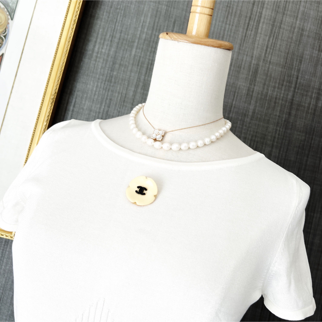 極美品 CHANEL シャネル カメリア ビジュー サマーニット ワンピース 白-
