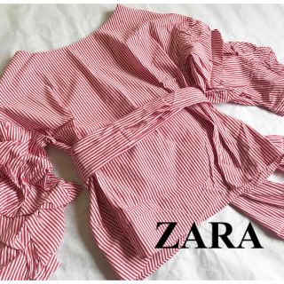 ザラ(ZARA)の極美品★ZARA ボリュームスリーブブラウスXS/レッド×白/バックカシュクール(シャツ/ブラウス(長袖/七分))