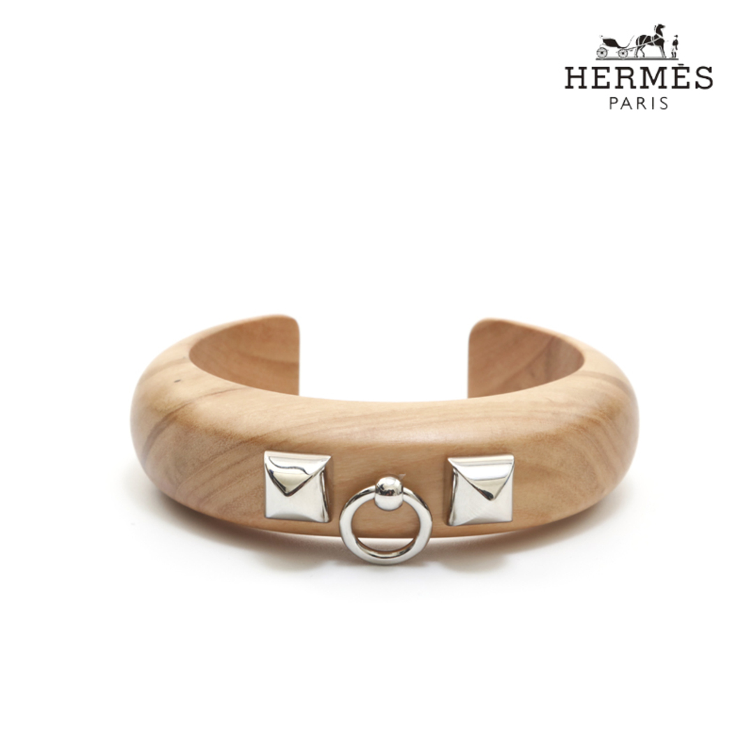 エルメス HERMES コリエドシアン メタルスタッズ オリーブウッド シルバー金具 バングル