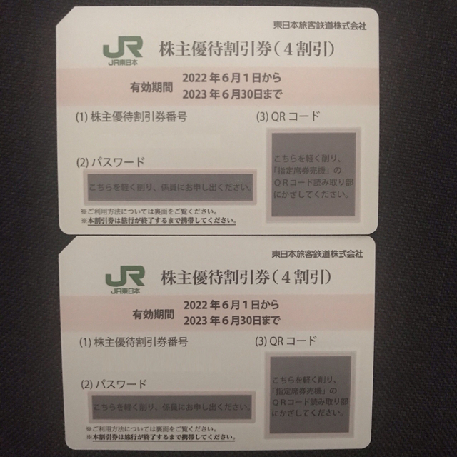 JR東日本鉄道株主優待割引券JR東日本株主優待割引券（4割引）2枚