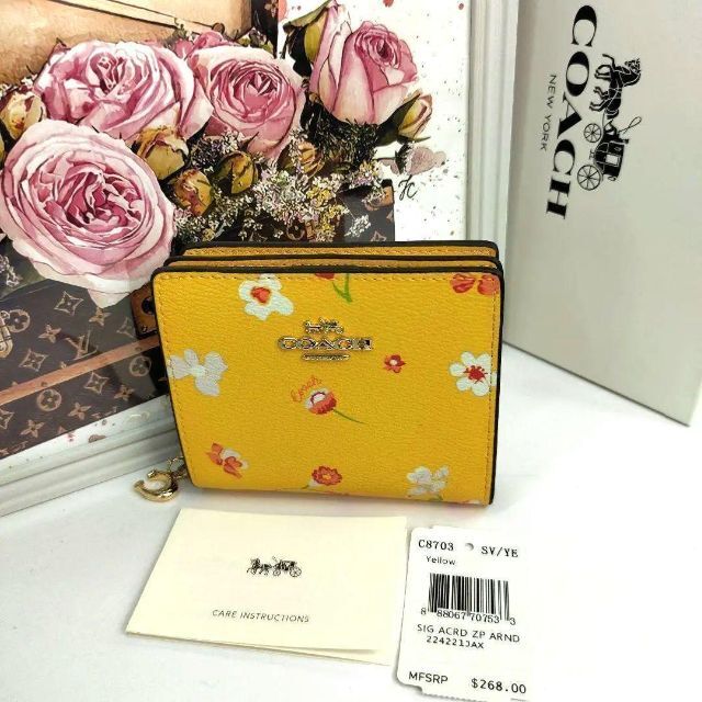 COACH 折りたたみ財布 イエロー 花柄 C8703フローラルプリント