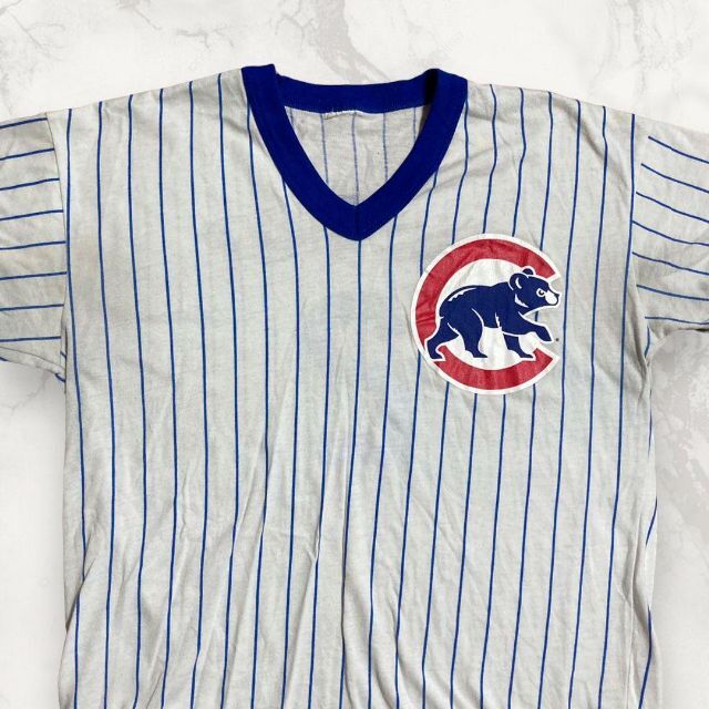 HBT majestic 古着 白 ストライプ　CUBS　野球　ゲーム Tシャツ メンズのトップス(Tシャツ/カットソー(半袖/袖なし))の商品写真