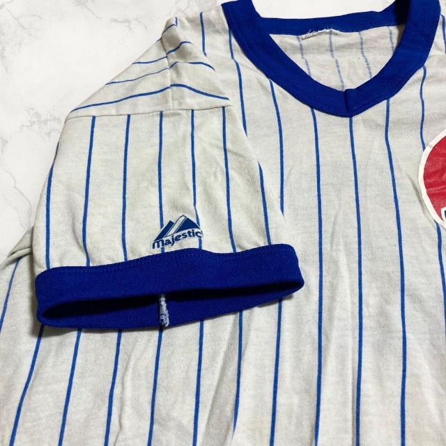 HBT majestic 古着 白 ストライプ　CUBS　野球　ゲーム Tシャツ メンズのトップス(Tシャツ/カットソー(半袖/袖なし))の商品写真