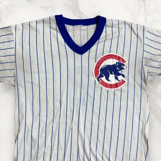 HBT majestic 古着 白 ストライプ　CUBS　野球　ゲーム Tシャツ(Tシャツ/カットソー(半袖/袖なし))